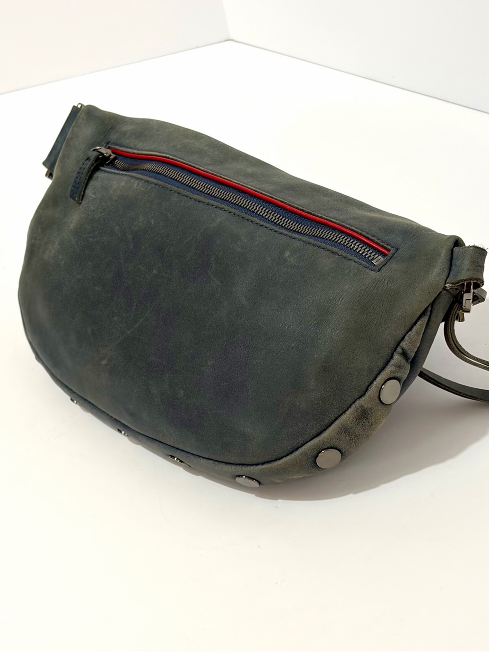 Hammitt Charles LgCrossbody Bag In Distressed Washed Slate Blue Leather/Gunmetal - Picture 2 of 14